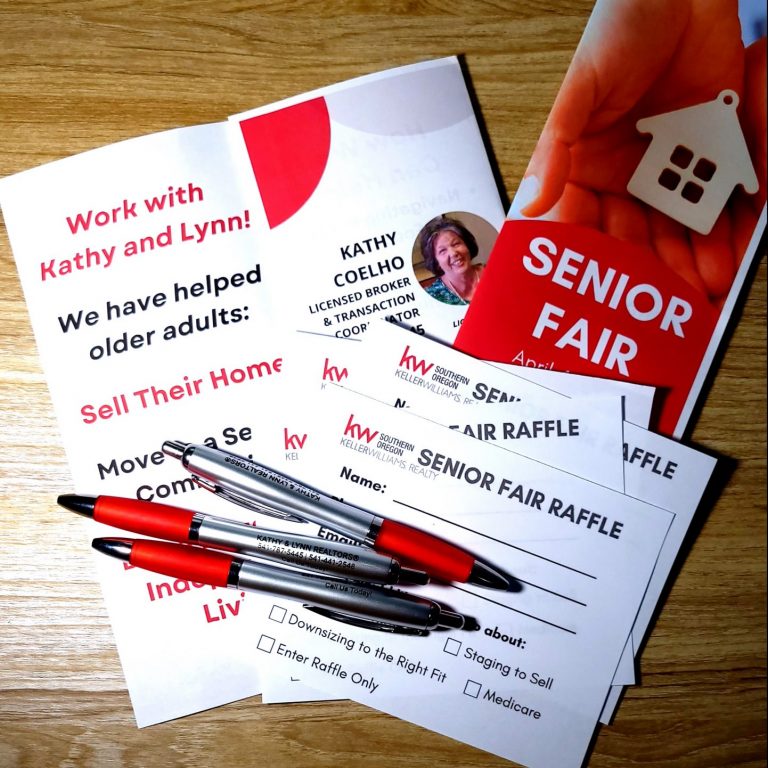 Image of printed brochure, raffle ticket and promotional pens for real estate client.